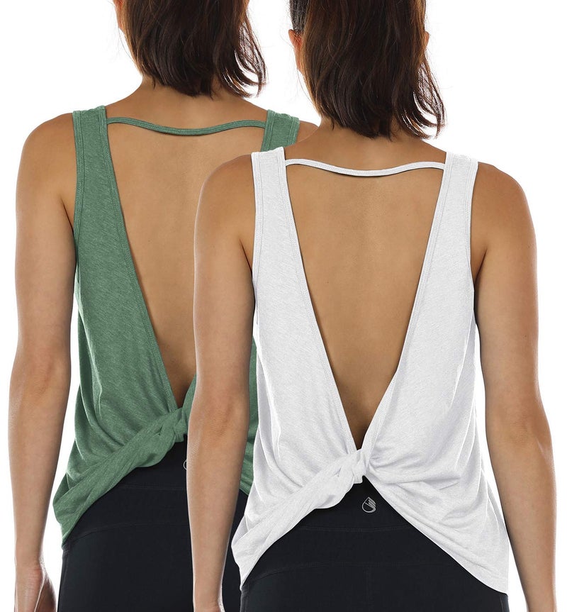 icyzone Workout Tank Tops for Women - Open Back Strappy Athletic Tanks, Yoga Tops, Gym Shirts(Pack of 2) (M, White/Green) - Image 1